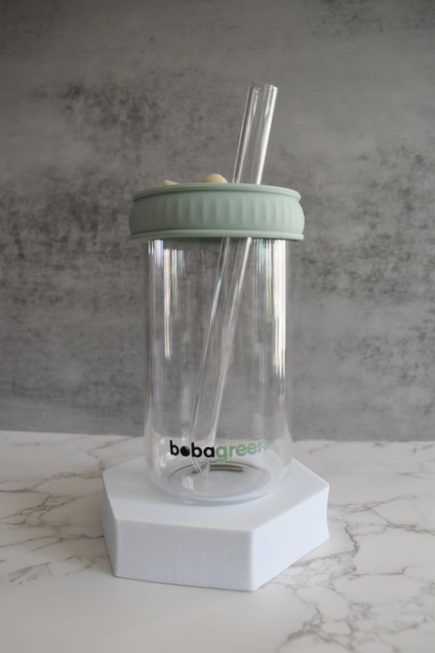 Reusable Boba & Smoothies Glass Cup Set, Dual Straw Lid